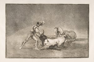 Tauromaquia的第9板块：一位西班牙骑士在失去马匹后杀死了公牛。1816年。 作者 弗朗西斯科·德·戈雅