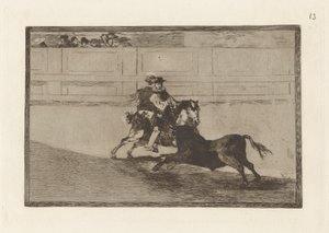 Un caballero espa?ol en plaza quebrando rejoncillos sin auxilio de los chulos（一名西班牙骑马骑士在没有助手帮助的情况下在擂台上折断短矛），图版 13，选自 La tauromaquia 作者 弗朗西斯科·德·戈雅