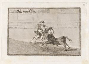 Un caballero espa?ol en plaza quebrando rejoncillos sin auxilio de los chulos（一名西班牙骑马骑士在没有助手帮助的情况下在擂台上折断短矛），图版 13，选自 La tauromaquia 作者 弗朗西斯科·德·戈雅