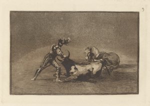 Un caballero espaol mata un toro despues de haber perdido el caballo（《西班牙骑士在失去马匹后杀死公牛》），图版 9，选自 La tauromaquia 作者 弗朗西斯科·德·戈雅