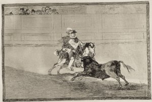弗朗西斯科-德-古雅-卢西恩特斯（1746-1828 年）。一位西班牙骑马骑士在没有助手帮助的情况下在擂台上折断短矛。1816.蚀刻版画。西班牙。马德里（自治区）。马德里。国家图书馆 作者 弗朗西斯科·何塞·德·戈雅 y Lucientes