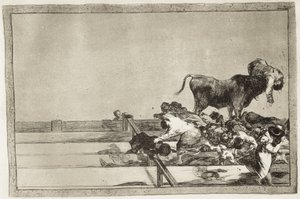 戈雅·Y·卢西恩特斯，弗朗西斯科·德（1746-1828）。 马德里斗牛场前排发生的可怕事件以及 1801 年托雷洪市长的去世。1816 年。《斗牛的艺术》第 21 版。 蚀刻。 西班牙。 马德里（自治社区）。 马德里。 国家的 作者 弗朗西斯科·何塞·德·戈雅 y Lucientes