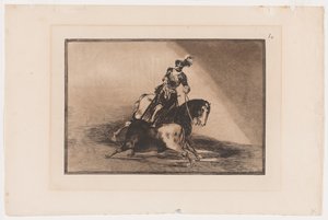 板块10来自La Tauromaquia：查理五世
在巴利亚多利德的擂台上刺杀一头公牛、
1816年，1876年印刷 (铺纸蚀刻和水印) 作者 弗朗西斯科·何塞·德·戈雅 y Lucientes