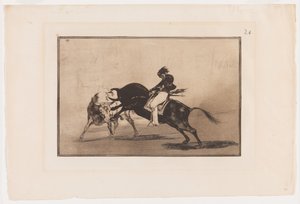 板块24来自La Tauromaquia：同样的
骑在另一头公牛身上的塞瓦略斯破门而出
马德里赛场上的短矛 作者 弗朗西斯科·何塞·德·戈雅 y Lucientes