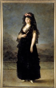 西班牙女王玛丽路易丝 (1751-1819) 脚下的肖像，查理四世的妻子 弗朗西斯科·德·戈雅 (Francisco de Goya)（1746-1828 年）19 世纪的画作 2,08x1,27m - 马德里，普拉多博物馆 - 玛丽亚·路易莎王后（1751-1819）戴着头巾的肖像 - 绘画者 作者 弗朗西斯科·德·戈雅