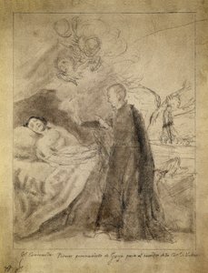圣弗朗西斯-博尔哈（1510-1578 年）在一位垂死的悔罪者床边。1788 年，弗朗西斯科-德-戈雅-伊-卢森特斯（1746-1828 年）绘制。为奥苏纳家族委托创作的同名画作绘制的草图。马德里普拉多博物馆。 作者 弗朗西斯科·何塞·德·戈雅 y Lucientes
