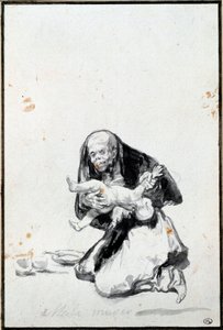 坏女人（Mala mujer）。邪恶的女人。食人场景，一个女巫吞噬了一个孩子。弗朗西斯科-戈雅-伊-卢古尔德（1746-1828）的灰色水洗画，太阳。0,21x0,14米 巴黎，卢浮宫博物馆 作者 弗朗西斯科·德·戈雅