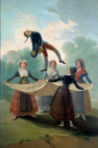 年轻妇女木偶用布将布娃娃抛向空中。 弗朗西斯科·德·戈雅 (Francisco de Goya) (1746-1828) 的画作，1792 年，太阳。 1,6x2,67 m 马德里，普拉多博物馆 - 木偶。 年轻女孩吐出一个布娃娃与床单。 弗朗西斯科·德·戈雅（Francisco de Goya，1746-1828 年）的绘画 作者 弗朗西斯科·德·戈雅