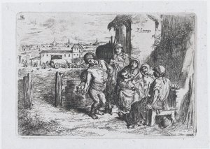 图版16：一群人在户外，包括一个男人从一个容器中倒酒或水......，1850年。 作者 弗朗西斯科·拉迈耶·贝伦格