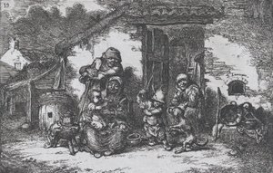 图版19：一个家庭和一个男孩在屋外与狗玩耍，出自《习俗》系列，1850年。 作者 弗朗西斯科·拉迈耶·贝伦格