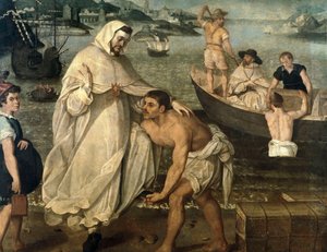 Saint Peter Nolasque (1189-1256) embarks to free Christian captives held hostage by Moorish pirates to be sold as slaves in Africa (painting)