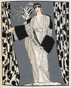 黑与白一位女士身着约翰-雷德芬于 1855 年设计的服装，插图选自《La Gazette du Bon Ton》（彩色石版印刷）。 作者 弗朗西斯科泽维尔戈斯