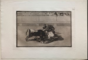 斗牛：无人驾驶的皮卡多（Picador）跌入公牛，1876年。 作者 弗朗西斯科·德·戈雅