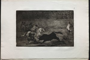 斗牛：  西班牙骑马骑士在助手的帮助下折断短矛 作者 弗朗西斯科·德·戈雅