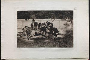 斗牛：有力的伦登（Rendon）与皮克（Pique）刺入一头公牛，他因此而逝世……，1876年。 作者 弗朗西斯科·德·戈雅