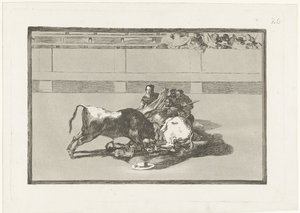 皮卡多被撞下马，躺在公牛身下
Caida de un picador de su caballo debajo del toro
La Tauromaquia（系列名称）
斗牛（系列名称） 作者 弗朗西斯科·德·戈雅
