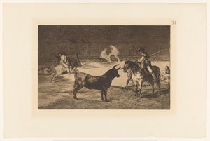 费尔南多-德尔-托罗（Fernando del Toro daagt een stier uit
大名鼎鼎的费尔南多-德尔-托罗（Fernando del Toro），用他的竿子（garrocha）逼迫野兽
Stierengevechten （系列名称）
La Taureaumachie（系列名称）
La Tauromaquia（系列名称） 作者 尤金·洛泽莱特