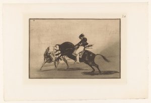 Mariano Ceballos rijdend op een stier
同样的塞瓦略斯在马德里斗牛场骑着另一头公牛，而这头公牛打破了雷琼斯的记录
Stierengevechten（系列标题）
La Taureaumachie（系列名称）
La Tauromaquia（系列名称） 作者 尤金·洛泽莱特