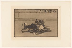 Picador van zijn paard gevallen
一个斗牛士从马背上摔了下来
Stierengevechten（系列标题）
La Taureaumachie（系列名称）
La Tauromaquia（系列名称） 作者 尤金·洛泽莱特