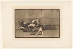 斗牛士抓住公牛
Cogida de un Moro estando en la plaza
斗牛（系列名称）
La Taureaumachie（系列名称）
La Tauromaquia（系列标题） 作者 尤金·洛泽莱特