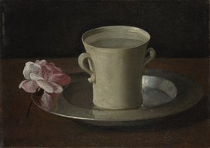 一杯水和一朵玫瑰，约1630年 作者 弗朗西斯科·德祖巴兰