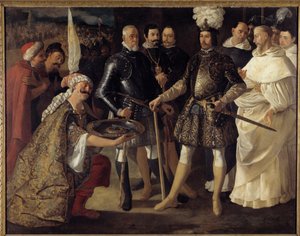 Reconquista：“在卡斯蒂利亚和莱昂国王费迪南德三世之前塞维利亚的投降”，摩尔人于 1248 年 12 月 22 日将城市的钥匙交给了卡斯蒂利亚国王。 弗朗西斯科·德·祖巴兰 (Francisco de Zurbaran) (1598-1664) 1634 年作画。 157.5x208.2 厘米私人收藏 作者 弗朗西斯科·德祖巴兰