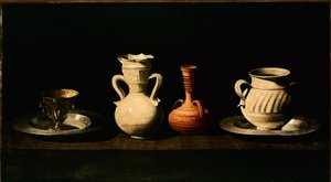 静物 壶，罐子。弗朗西斯科-德-祖尔巴兰（1598-1664）的画作，1633年，太阳。46x84厘米 马德里，普拉多博物馆 作者 弗朗西斯科·德祖巴兰
