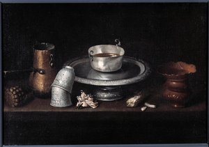 静物巧克力早餐巧克力杯，杯子。 弗朗西斯科·德·祖巴兰 (Francisco de Zurbaran) (1598-1664) 的绘画。 17 世纪贝桑松，美术博物馆 作者 弗朗西斯科·德祖巴兰