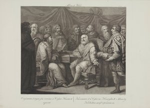 修复者卡西米尔一世会见皇帝亨利三世，作者：Smuglewicz, Franciszek (1745-1807)。石版画，18 世纪晚期。私人收藏