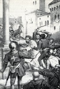 图卢兹伯爵雷蒙德六世的忏悔 - Le 22/06/1209 雷蒙德六世（Raymond VI），图卢兹伯爵，因没有追捕卡萨尔人而被教皇英诺森三世（Milon legat du pope）开除教籍，被指控为暗杀皮埃尔-德-卡斯特诺（Pierre de Castelnau）的唆使者，并被授予荣誉勋章。 作者 佛朗哥·米斯特拉利