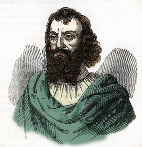 皇帝查士丁尼一世（482-565 年）肖像（查士丁尼一世），取材于 Franco Mistrali 1843 年创作的《I misteri del vaticano》。