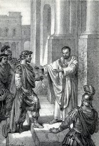 米兰大主教圣安布罗斯（Aurelius Ambrosius，Ambrogio di Milano，340-397 年）禁止罗马皇帝狄奥多西一世（Flavius Theodosius，347-395 年）进入教堂，以惩罚他在 390 年对帖撒罗尼迦的屠杀--Excommunicati。 作者 佛朗哥·米斯特拉利