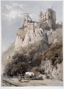 莱茵斯坦城堡。 在《雄伟而风景如画的莱茵河》中。 Fourmais 和 Stroobant 的石版画