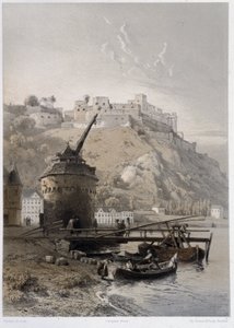 圣科尔城堡和莱茵菲尔德。在 "不朽而风景如画的莱茵河 "中。Fourmais 和 Stroobant 的石版画