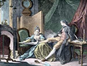 La Courtesan amoureuse:女人为男人脱去下身--ap.的雕刻。屠夫 作者 Francois (after) Boucher