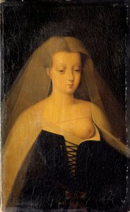 Agnes Sorel (1422-1450) (Beaute sur Marne 夫人) (Beaute-sur-Marne) 的肖像，查理七世 (1422-1461) 的最爱 她的乳房是裸露的。 Philippe Comairas (1803-1875) 在 Francois Clouet 之后的绘画。 1833年太阳。 0.3x0.19 m 凡尔赛宫，cha 博物馆
