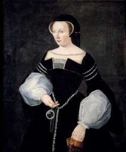 瓦伦蒂诺公爵夫人布雷兹夫人黛安·德普瓦捷 (1499-1566) 的肖像——身着她丈夫路易斯·德布雷兹的丧服（身着寡妇服装），他于 1531 年去世，1550 年左右手拿着镜子 弗朗索瓦·克鲁埃（约 1