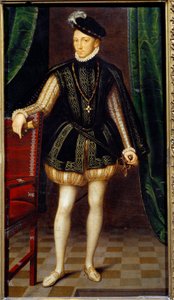 法国国王查理九世 (1550 - 1574) 脚下的肖像。 弗朗索瓦·克鲁埃 (Francois Clouet) 工作室的绘画 (1515-1572)
