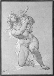 跪着裸体的女人抱着一个孩子，约1781年（纸上的红色蜡笔和白色粉笔）