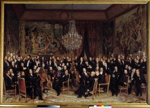 与纽瓦克伯爵在卢浮宫的夜晚 礼物中包括Francois Marcellin Certain de Canrobert（1809-1895）、Eugene Delacroix（1798-1863）、Camille Doucet（1812-1895）、Jacques Fromental Levy dit Halevy（1799-1862）、Baron Georges Haussmann( 作者 弗朗索瓦·奥古斯特·比亚尔