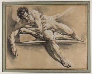 卧姿男性裸体的学术研究，约 1750 年（纸面黑色、红色和白色粉笔画） 作者 弗朗索瓦·布歇