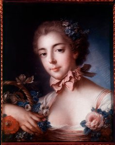 一位年轻女子靠在花篮上的肖像。弗朗索瓦-布歇（1703-1770）的粉彩画。 作者 弗朗索瓦·布歇
