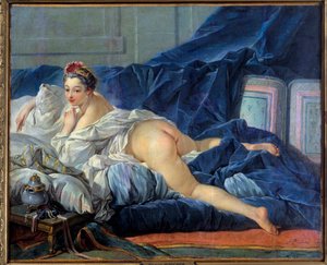 这位宫廷女郎正坐在沙发上。 弗朗索瓦·布歇 (Francois Boucher) (1703-1770) 的画作，1752 年兰斯艺术博物馆 作者 弗朗索瓦·布歇