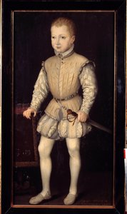 纳瓦拉的亨利四世 (1553-1610) 的肖像，4 岁的孩子，1557 年与父母在巴黎逗留期间，然后是弗朗索瓦·布内尔二世的纳瓦拉王子画作（约 1552 年至 1599 年之前）。 1557.昏暗。 1,25x0,64 m。 凡尔赛宫、凡尔赛宫