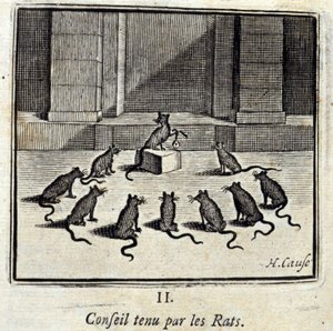 Board held by the Rats. Fables by Jean de La Fontaine (1621-95). Illustration by François Chauveau (1613-1676). Edition of 1728. 作者 弗朗索瓦·夏维