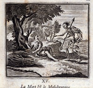 死亡和不快乐的人。Jean de La Fontaine (1621-95)的寓言。插图：François Chauveau（1613-1676）。1728年的版本。 作者 弗朗索瓦·夏维