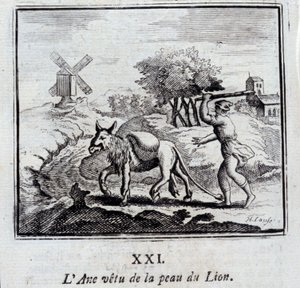 驴子披着狮子的皮。Jean de La Fontaine (1621-95)的寓言。插图：弗朗索瓦-肖沃（1613-1676）。1728年的版本。 作者 弗朗索瓦·夏维