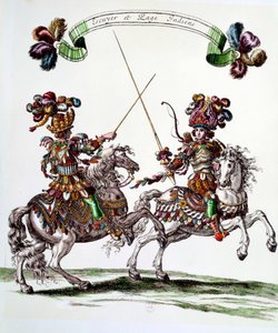 国王路易十四（1638-1715）于1662年在杜伊勒里宫为庆祝王储的诞生而赠送的旋转木马中的印第安人Ecuyer和页面。弗朗索瓦-肖沃（1613-1676）的版画 17世纪 私人收藏