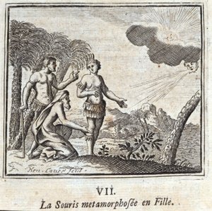 La Souris蜕变成一个女孩。Jean de La Fontaine（1621-95）的寓言。插图由François Chauveau（1613-1676）绘制。1728年的版本。 作者 弗朗索瓦·夏维