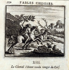 Le Cheval想为Deer报仇。Jean de La Fontaine (1621-95)的寓言。插图：François Chauveau（1613-1676）。1728年的版本。 作者 弗朗索瓦·夏维